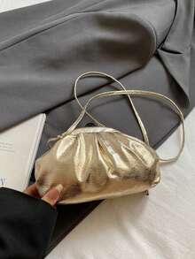 Women's Fashion Pleated Cloud Crossbody Bag, Casual Commute Minimalist Clasp Shoulder Phone Bag, PU Material - Gold - View 8