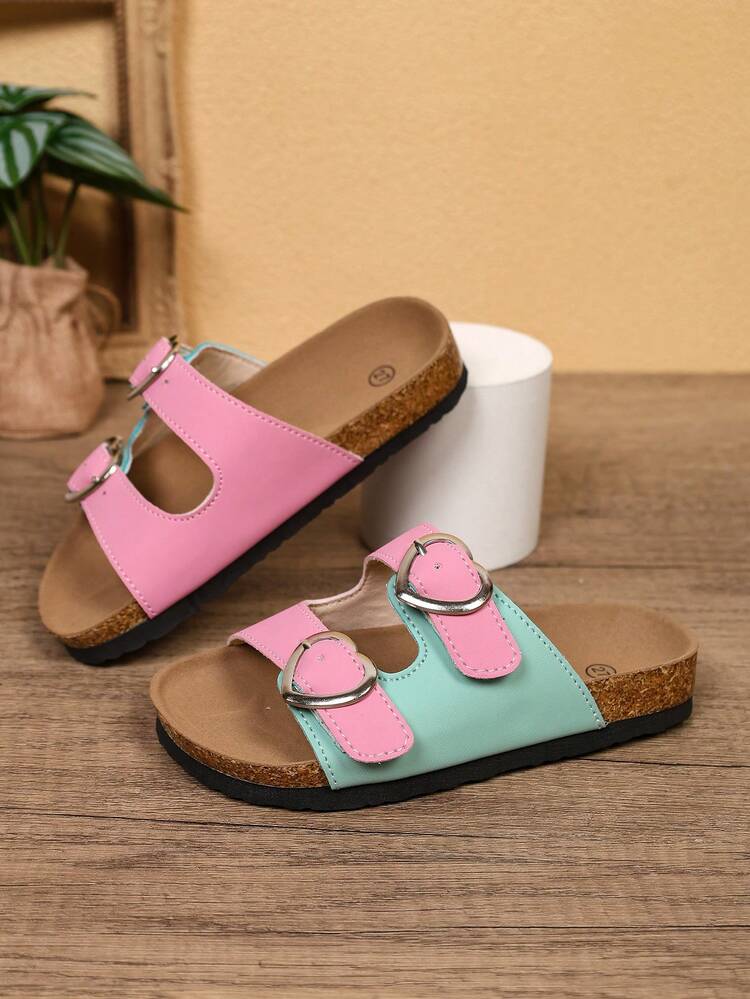 1 Pair Girls Spring/Summer New Heart Flat Sandals, Fresh Pink & Green Color Block Casual Slides, Wear-Resistant Rubber Sole, Breathable Cork Footbed, Versatile Toddler/Little Kids Slippers - Pink - View 1