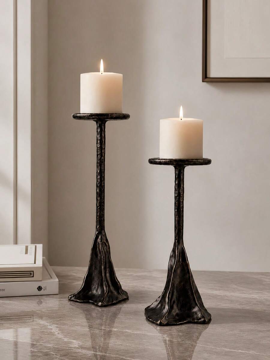 1pc/2pcs Antique Bronze Hammer-Textured Candlestick, Retro Style High And Low Combination Slender Column Design, Suitable For Living Room, Dining Table, Bedroom And Entrance Decoration, Also Suitable For Wedding Party Or Festival Celebration Scene. - Bronze Hill - View 1