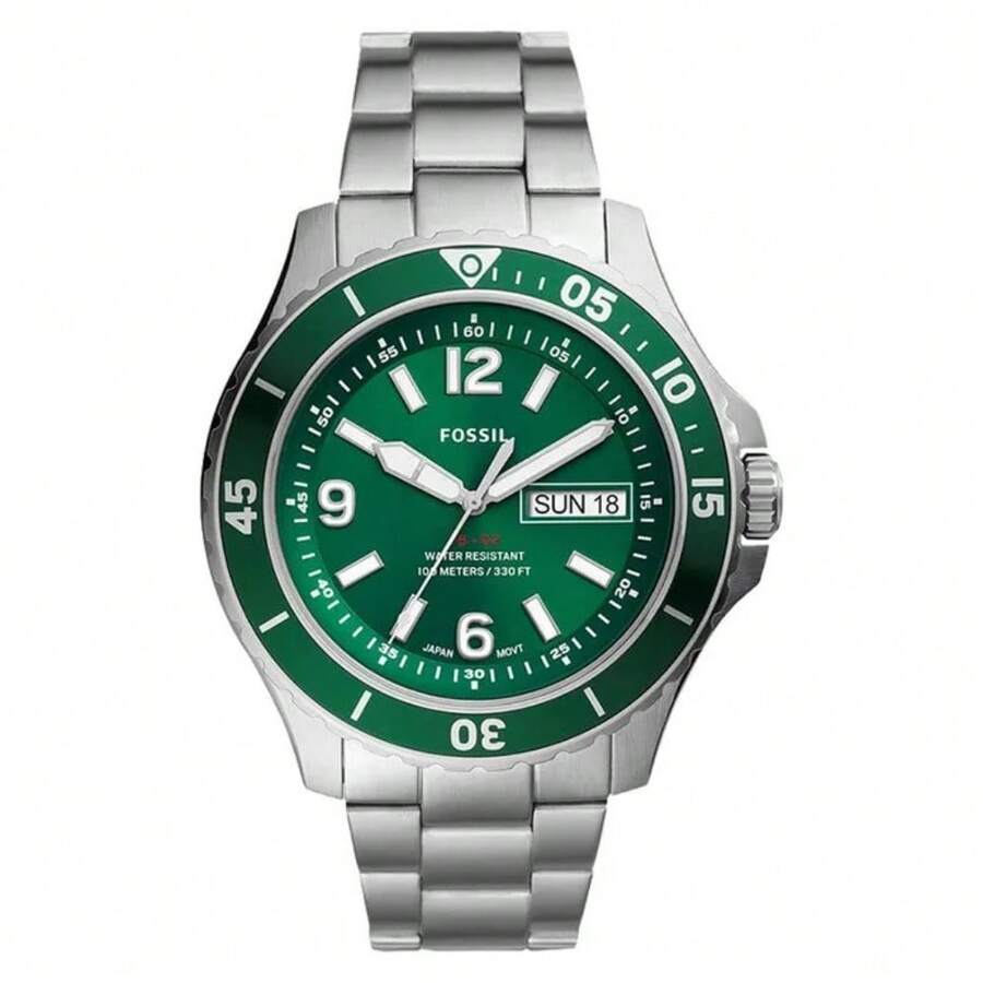 Fossil FS5690 男士石英腕錶 綠色旋轉錶圈 100M防水 日期顯示 不鏽鋼運動錶 - 均碼 - 查看 1