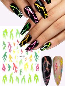 Pegatinas de uñas con diseño de llama, calcomanías de arte de uñas con corazón de rayo colorido y flor, suministros de arte de uñas con degradado de punta negra - Multicolor - Ver 5