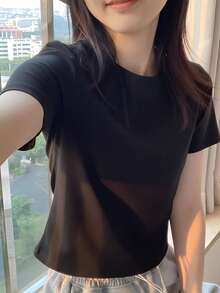 夏季新款修身露脐短款上衣，圆领短袖T恤，休闲百搭 - 黑色 - 查看 5