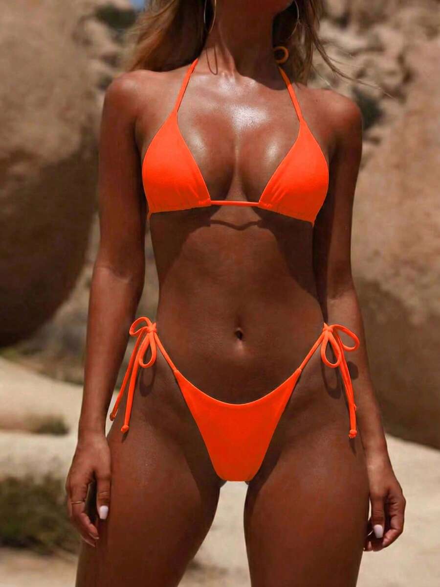 Solid Halter Triangle Bikini Set Bathing Suit, Perfect For Beach Vacation Summer - Orange - View 1