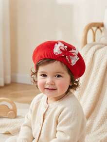 Nueva boina de punto estilo europeo para niños, sombrero de princesa con lazo, adecuado para niñas bebés, sombrero cálido para primavera y otoño - Multicolor - Ver 3