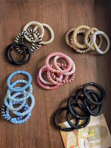 5pcs/Set Non-Damaging High Elasticity Hair Ties, Thick Hair Ponytail Hair Bundles, Suitable For Women, Hair Accessories For Daily Work, Sports, Yoga, Braided Hair Ropes Set, Colorful Plaid, Striped, Gold And Silver Thread Design - Multicolor - View 8