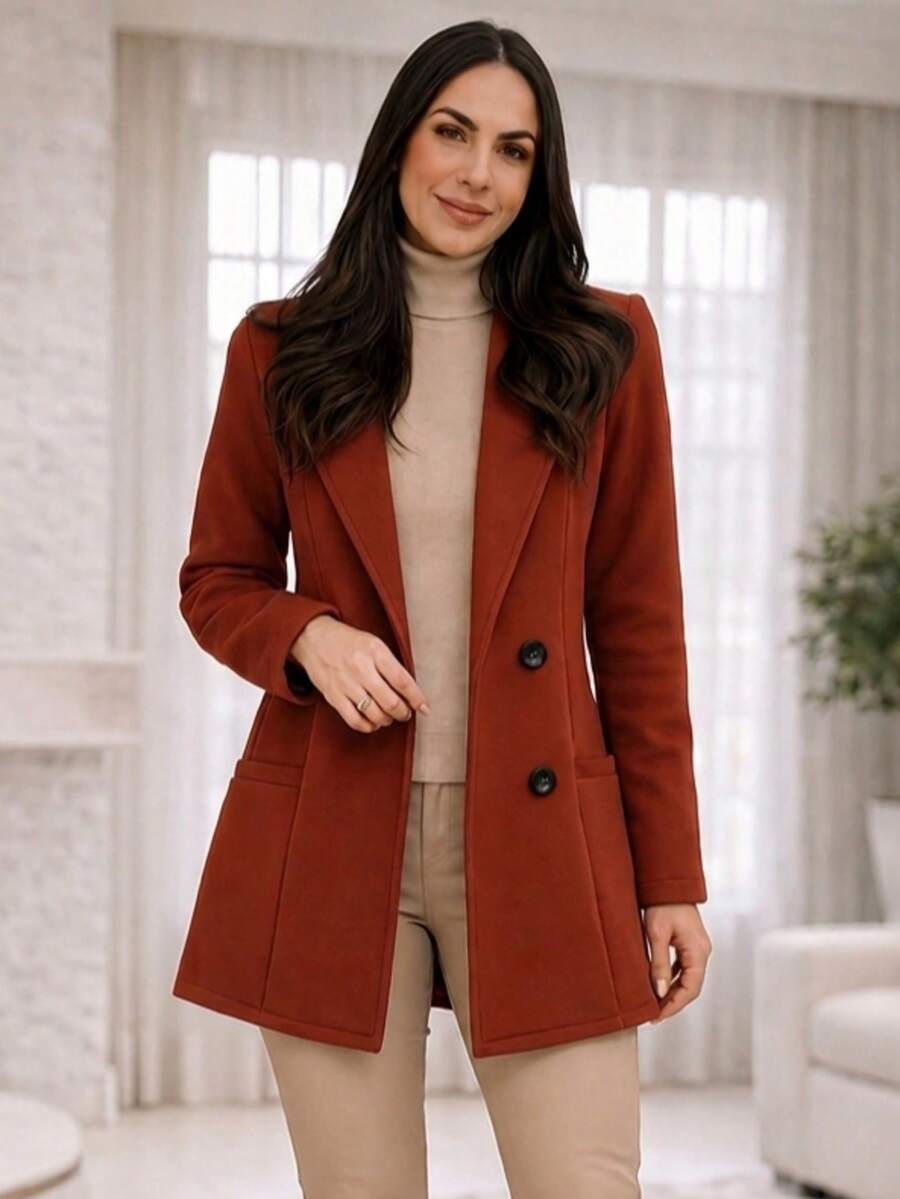 Women's Medium-Warm Wool Blazer/Overcoat For Winter - Elegant - 紅陶 - 查看 1