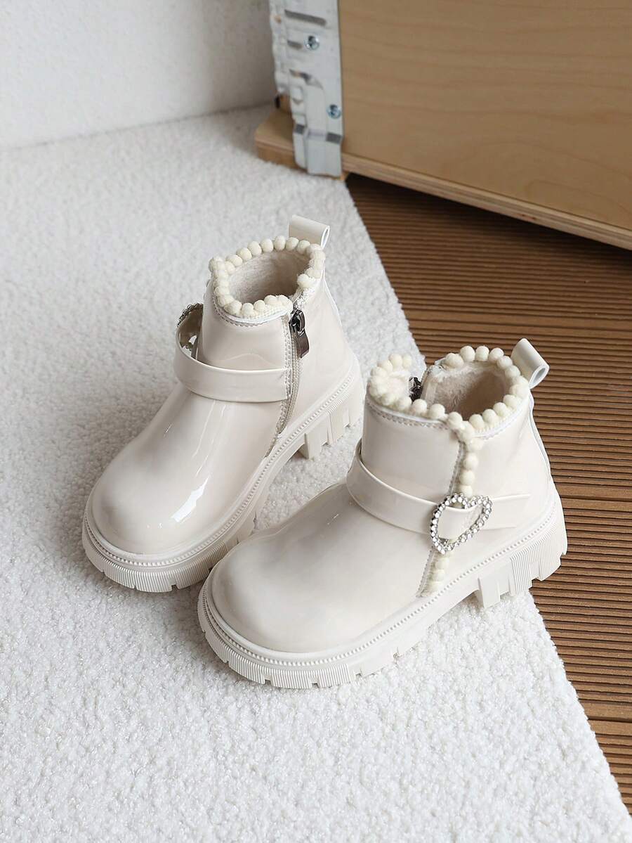 1 Pair Girls Heart Rhinestone Ankle Boots, Thick Sole Leather Boots, Princess Style, Non-Slip, Autumn/Winter, Toddler/Small Children - White - View 1