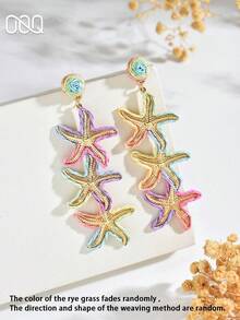OOQ 1對夏季度假風彩色海星金屬耳環，拉菲草編織時尚耳環，適合女性，夏季海灘假期送給朋友與家人的禮物 - 彩色 - 查看 3