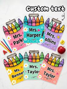 1pc Custom Teacher Name Crayon Bucket Clipboard, Personalized Cute Rainbow Crayon Writing Board, Pastel Pocket Art Clip Board,Teacher Appreciation Gift,Back To School,OfficeDesk Decor,Teacher Gift - Multicolor - View 1