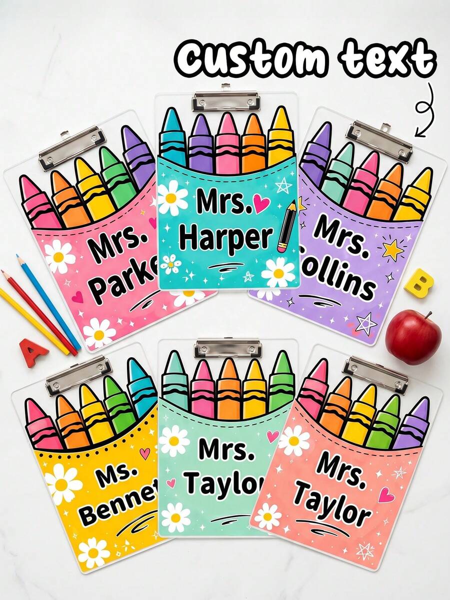 1pc Custom Teacher Name Crayon Bucket Clipboard, Personalized Cute Rainbow Crayon Writing Board, Pastel Pocket Art Clip Board,Teacher Appreciation Gift,Back To School,OfficeDesk Decor,Teacher Gift - Multicolor - View 1