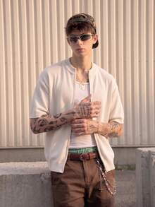 Men's Knit Cardigan Round Neck Short Sleeve Loose Casual Street Style Solid Color Textured Zipper Knit Top Spring Summer - Apricot - View 3
