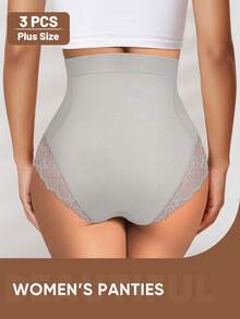 3pcs Plus Size Women's High Waist Panties, Lace Patchwork Hollow Out, Elegant Breathable, Shaping Butt Lift Tummy Control - Multicolor - View 4