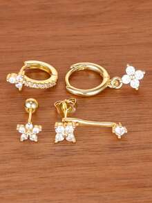 4PCS Exquisite Stainless Steel Zirconia Round Hoop Earring Set For Women 18K Gold Plated Temperament Flower Ear Stud Cartilage Piercing Jewelry - 4PCS-gold - View 4