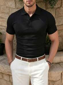 ALTZTAR 男士夏季商務聚酯纖維涼感 Polo 領休閒度假短袖 T-shirt - 黑色 - 查看 1
