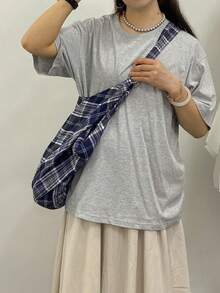 大容量格紋肩背包 女款斜挎包 休閒實用多功能托特包 適合上班、學習、旅行 - 藏蓝色 - 查看 7