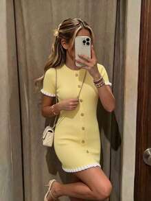 Women's New Spring/Summer Elegant Contrast Color Metal Button Dress, Paired With Graceful Ruffle Hem Blazer & Yellow Skirt Set For A Sophisticated Look. Features Front Button Closure Design, Suitable For Commuting, Daily Dates And Photo Shoots. - Yellow - View 12