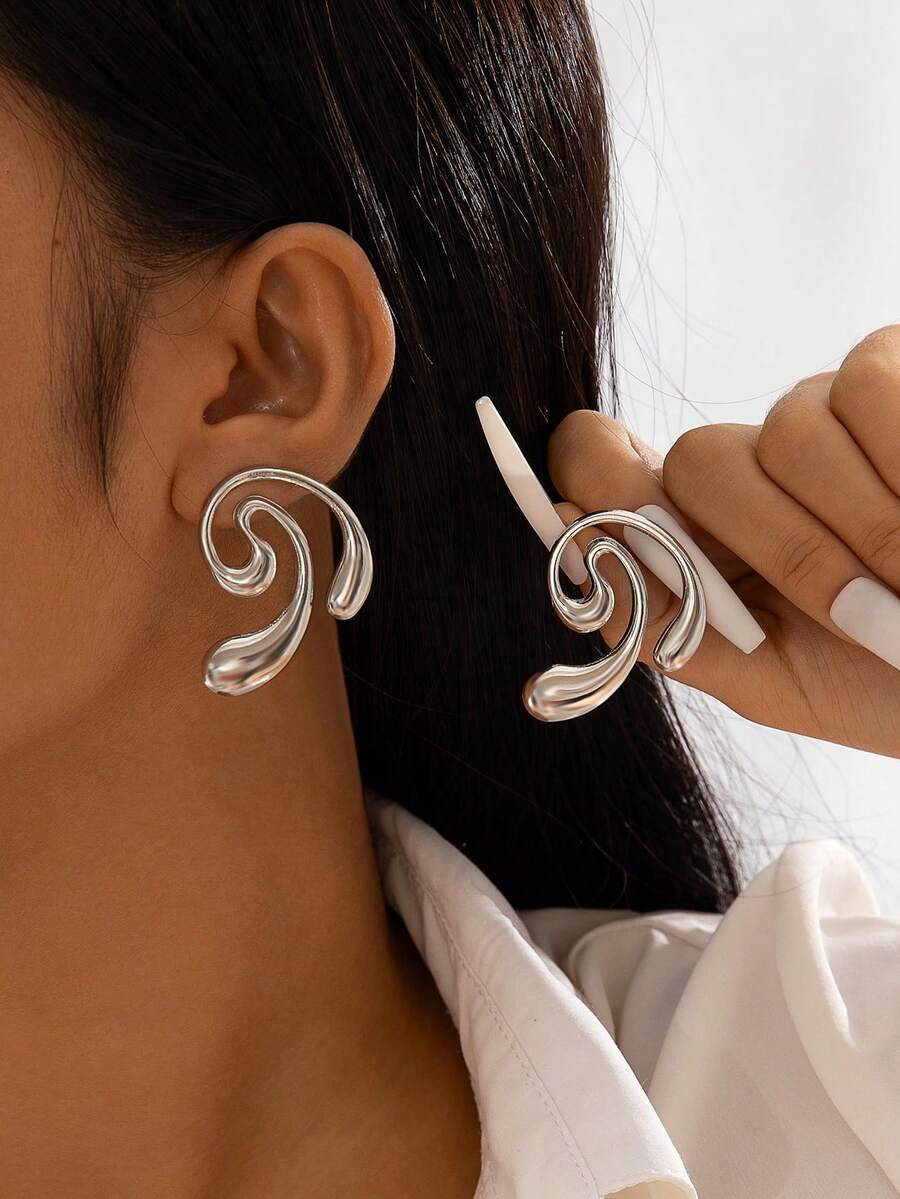 1 par/Pendientes de botón de metal minimalista de moda con diseño de espiral fluida 3D de gran tamaño, adecuados para accesorios de atuendo personalizado de estilo callejero para mujeres