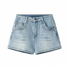 Hot Girl Style High Waist Slimming Washed Denim Shorts With Pockets For Vacation, Home, Daily Wear In Summer - Blue - View 1
