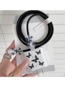 5pcs Painted Black Butterfly Design Phone Charger Set, Compatible With IPhone 18W/20W Charger, Charging Cable Protector, Charging Head Protector, Charger Accessories, Anti-Dirt, Prevent Cable Ends From Breaking - Black - View 2