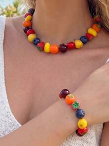 NAIZHU 1/2pcs Fashion Creative Colorful Y2K Dopamine Resin Fruit Necklace Strawberry Apple Necklace Daily Party Accessory - Multicolor - View 3