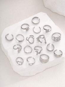 17pcs/Set Punk Style Geometric Asymmetrical Lava Line Rings Set, Suitable For Men's Vacation, Dating, Daily Wear, Versatile, Gift For Boyfriend, Holiday Gift - Silver - View 3