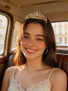 1pc Crystal Wedding Headpiece, Suitable For Bride, Girl, Princess Headpiece, Pageant Crown, Bridal Hair Accessory - Gold - View 1