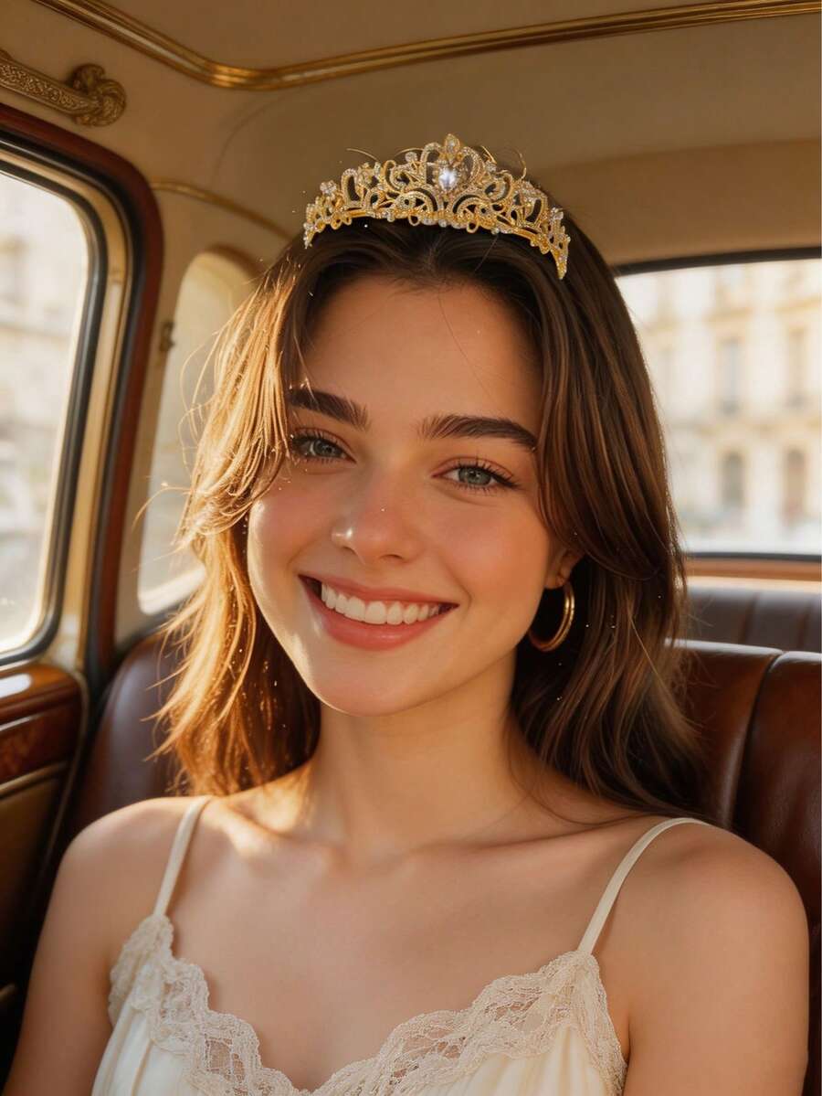 1pc Crystal Wedding Headpiece, Suitable For Bride, Girl, Princess Headpiece, Pageant Crown, Bridal Hair Accessory - Gold - View 1