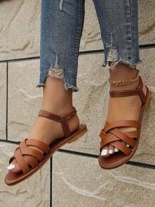 Women's Summer Woven Leather Lace-Up Flat Sandals, Ankle Strap Open Toe Slides - Brown - View 5