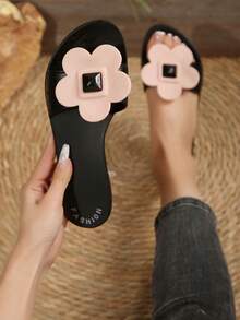 3D Flower Decor Single Strap Slide Sandals, Women Open Toe Flat Slip On Summer Casual Slippers - Black - View 5