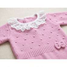 Saída Maternidade Bebe Menina Tricô Manta, Macacão E Laço Branco RN - 0 A 3 Meses - Rosa Bebê - Visão 2