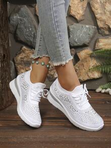 Women's Rhinestone Thick Sole Platform Shoes, Soft Bottom Lightweight Knit Mesh Sneakers, Height-Increasing Slimming Fashion Casual Loafers For Petite Women - White - View 4