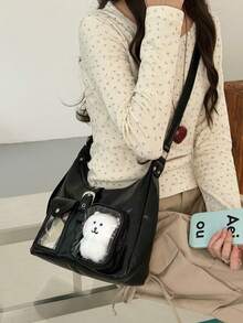 2026 New Japanese Y2K Fashion Shopping Casual Minimalist Street Commute Large Capacity Women's College Style Transparent Badge Bag Shoulder Bag Crossbody Bag (Does Not Include Pendant Doll Postcard) - Black - View 3