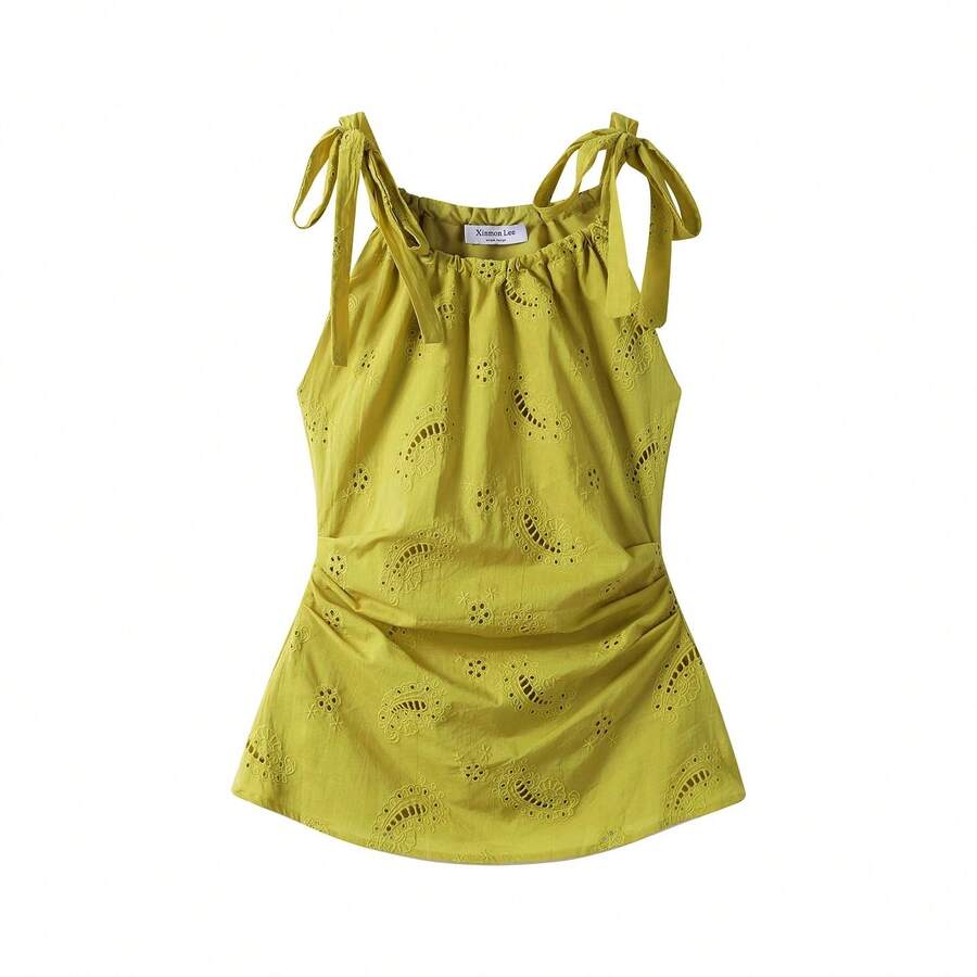 Sweet & Spicy Slimming Vibe 無袖上衣 素色棉質刺繡細肩帶背心,適合晚間約會、度假、日常穿著,夏季款 - 芥末黃 - 查看 1
