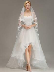 Embroidered Lace Bridal Ivory Double Layer Narrow Lace Veil With Metal Hair Comb Wedding Headpiece, Suitable For Wedding, Banquet, Travel Photography, Runway - Multicolor - View 3