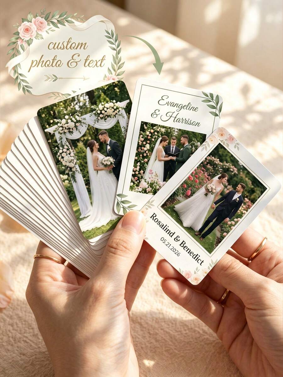 Customized Wedding Photo Card Commemorative Box Set, Floral Rose Personalized Couple Name Wedding Commemorative Card, Customized Text Date Wedding Photo Commemorative Box. - Multicolor - View 1
