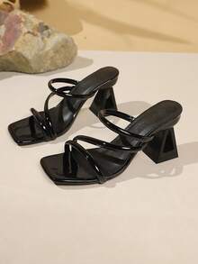 Summer New Women's Square Toe Thin Strap Double Strap Hollow Triangle Asymmetric Chunky Heel High Heel Shoes Elegant Outdoor Wear Open Toe Slide - Black - View 6