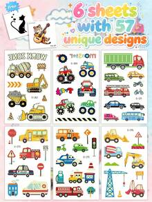 6 Lembar Stiker Tato Temporer Bercahaya dalam Gelap Bergambar Ekskavator & 57 Kendaraan Konstruksi, Set Tato Anak untuk Pesta Ulang Tahun, Hadiah Natal, Acara Liburan - MultiWarna - View 2