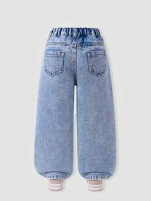 Di  Sney Stitch Girls Denim Soft Washed Blue High Elastic Waist Faux Buttons Straight Leg Flattering Casual Fit For School Daily Weekends Holidays - 淺藍 - View 2