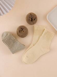 3 Pairs Of Women's Winter Earth Colored Warm Socks, Retro Soft Warm Elastic Casual Daily Socks - Multicolor - View 4