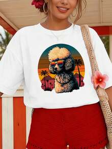 Vintage Poodle Sunset Print T-Shirt, Premium Cotton, Casual, Comfortable, Durable, Art Print. - White - View 6