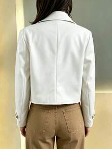 Jaket Kulit PU Putih Polos Wanita, Mantel Pendek Berkerah Kancing Ganda untuk Bisnis, Kantor, Perjalanan, Pakaian Penting untuk Musim Semi, Gugur, dan Musim Dingin - Putih - View 5