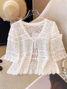 1pc Women's Thin Shrug Cover Up Sun Protection Shawl, Short Sleeve Cover-Up Top For Summer, Pairs With Camisole Dress - Multicolor - View 4