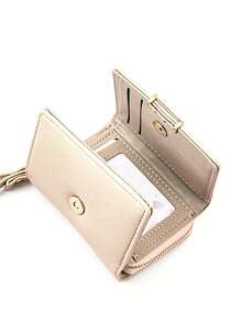 MINGYOU Cartera corta de mano plegable en tres partes, cartera multifunción de PU para mujer con cremallera, monedero de gran capacidad, tarjetero - Beis - Ver 3