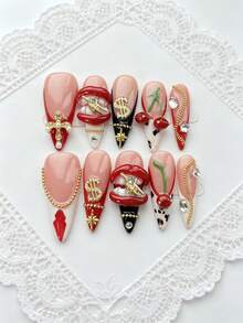 10 Peças Unhas Postiças Acrílicas Reutilizáveis de Luxo para Natal e Ano Novo, Estilo Y2K Hot Girl, Formato Amêndoa Longa, Francesa com Corrente, Strass, 3D, Lábios Vermelhos e Cereja, para Mãos, Férias, Looks de Férias, Formatura, Adequadas para Meninas, Feriados, Casamento e Festa - Vermelho e Branco - Visão 11