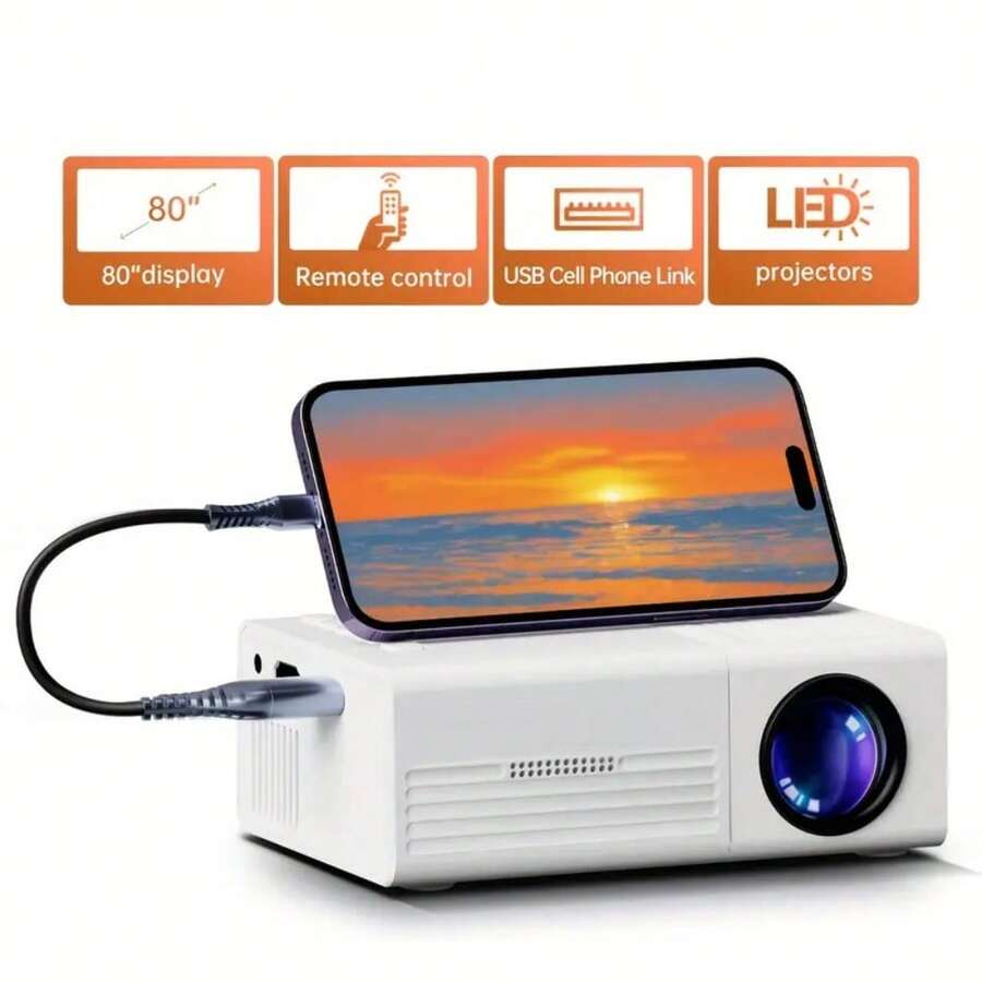 AOC 便攜式 LCD 投影機，附內建喇叭與遙控器，支援 USB 連接，相容 iOS、Android、Windows 與 PS4，適合家庭劇院、遊戲與旅行使用