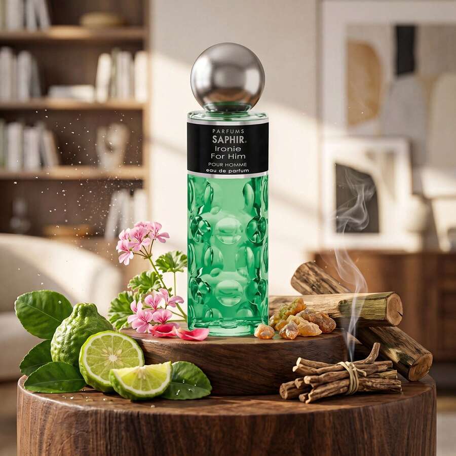 Perfume Hombre SAPHIR Ironie Eau de Parfum 200 ml,Formato individual o pack de 5. Colonia amaderada de Larga Duración con Vaporizador, Aroma Masculino Premium, Notas de bergamota, rosa, geranio, almizcle, Ideal para Uso Diario, Eventos y Regalo para Hombre - Ironía - Ver 1