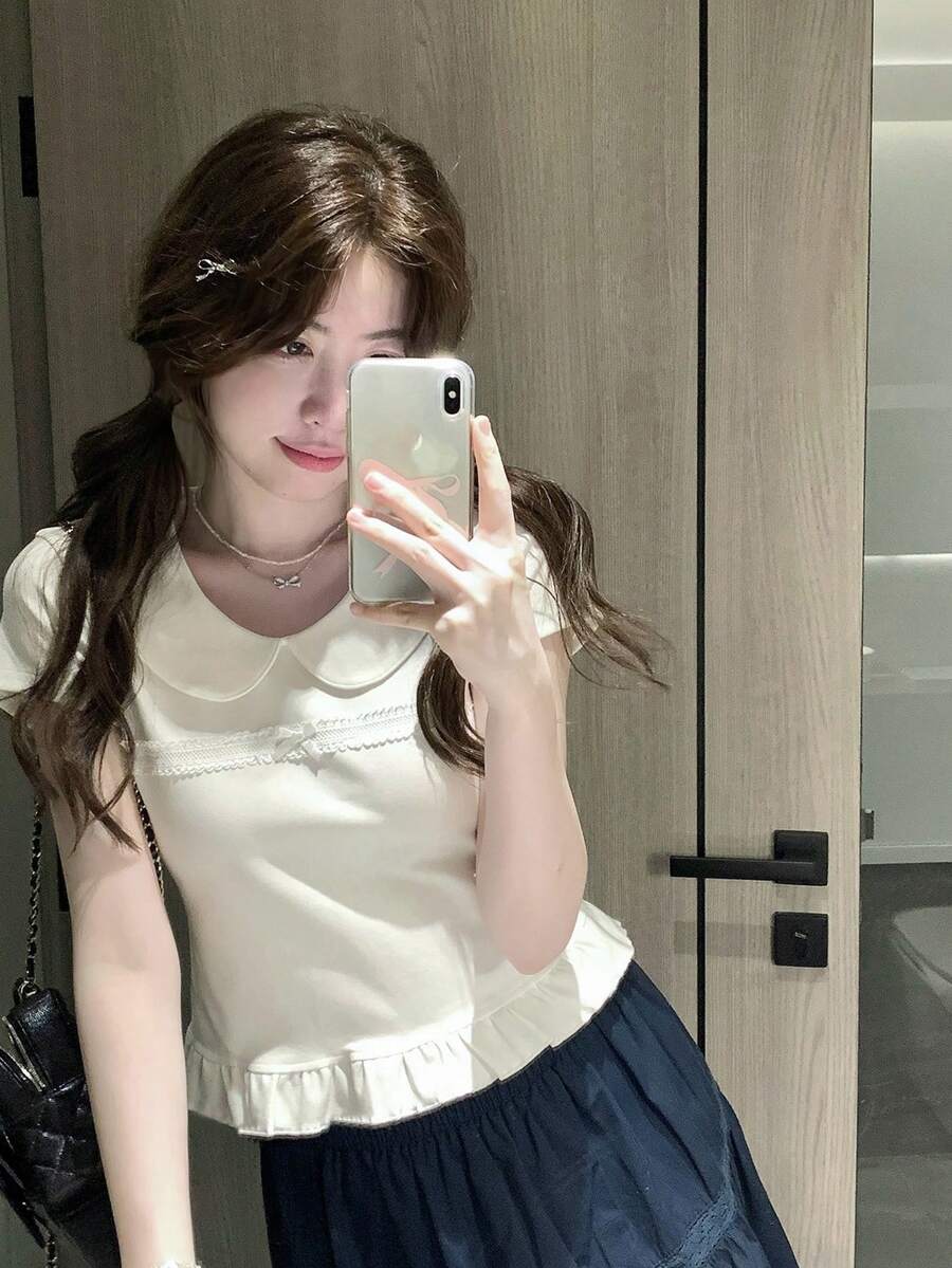 甜美彼得潘領蕾絲拼接短袖T恤 夏季新款收腰顯瘦短版女上衣 白色 - 白色 - 查看 1