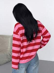 SDNGED Top casual para mujer con rayas y bloques de color, acanalado, para uso diario en primavera/otoño - rayas anchas de color rojo rosado - Ver 10