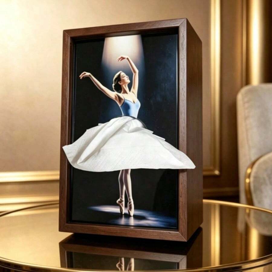1 pieza Caja de pañuelos vertical de madera con tapa de empuje y tracción, soporte de pañuelos con patrón de bailarina, caja de almacenamiento multifuncional de escritorio, adecuada para mesa de comedor, decoración del hogar, decoración de bodas, tienda, oficina, hotel, regreso a la escuela, deseos de cumpleaños, caja de madera artística y creativa - Blanco - Ver 1