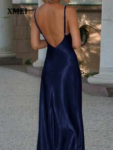 Vestido de satén con escote en V y espalda descubierta, elegante y sexy para fiestas de verano - Azul Marino - Ver 6